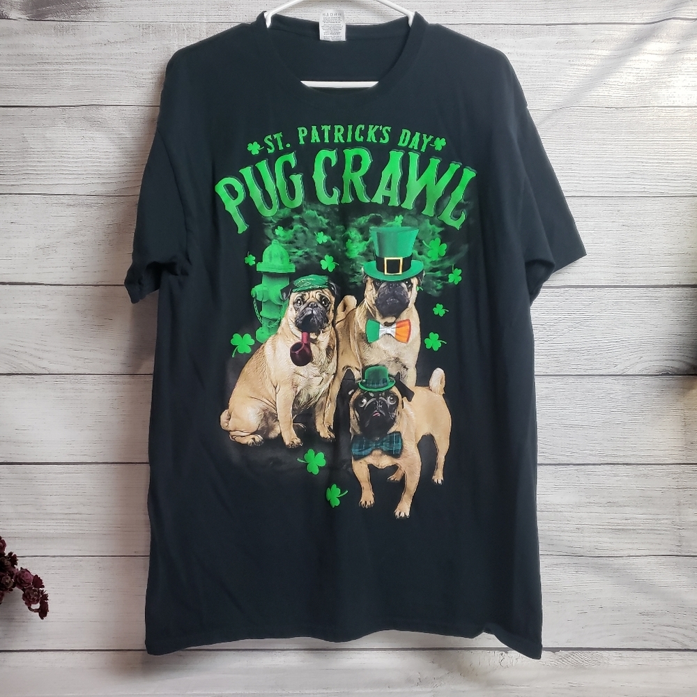 Fruit of the Loom St. Patrick's Day Pug Crawl Black Green Graphic T-Shirt Mens L